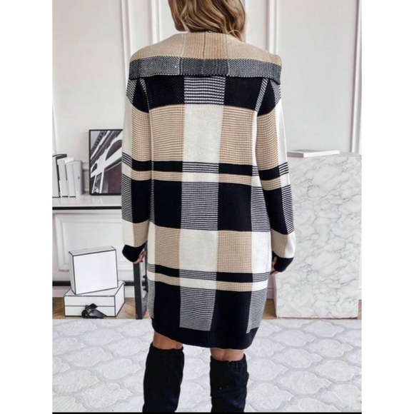 SHEIN Privé Women's Plaid Double Pockets Cardigan With Open Front - Picture 3 of 16